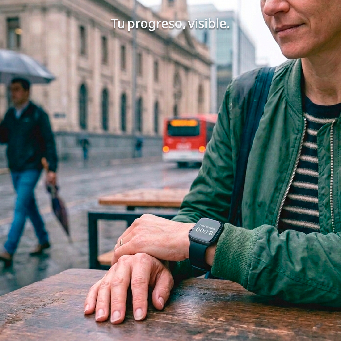 Smartwatch ActiveSync™ by Caja de Compras displaying fitness tracking features and notifications on the screen.