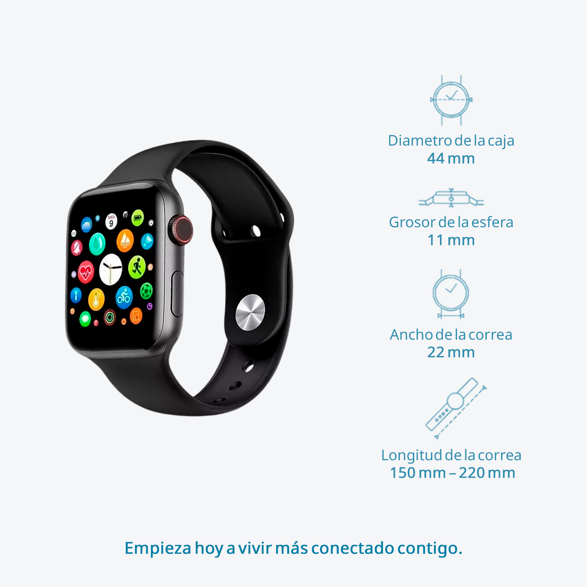 ActiveSync™ smartwatch by Caja de Compras showing various measurements and features on a digital display.
