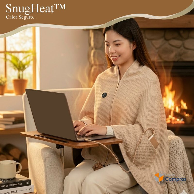 Poncho calefactor USB SnugHeat™ en color gris, con cable y controles, diseñado para mantenerte caliente y cómodo.