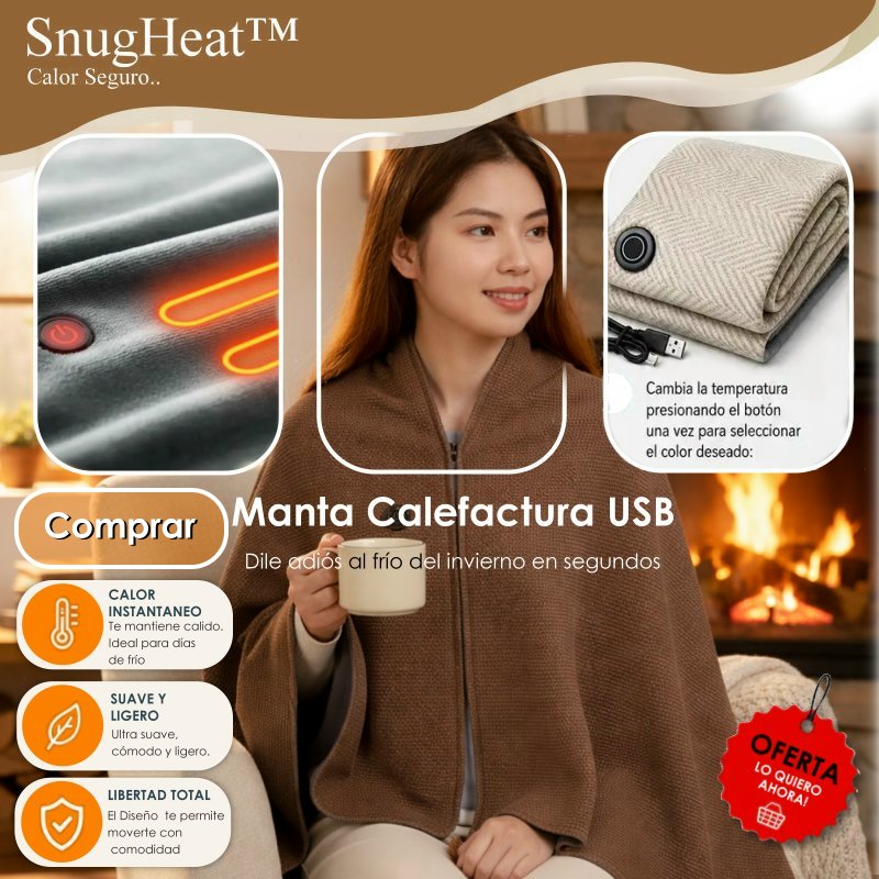 Poncho calefactor USB SnugHeat™ de Caja de Compras, con diseño cómodo y visible en la imagen.